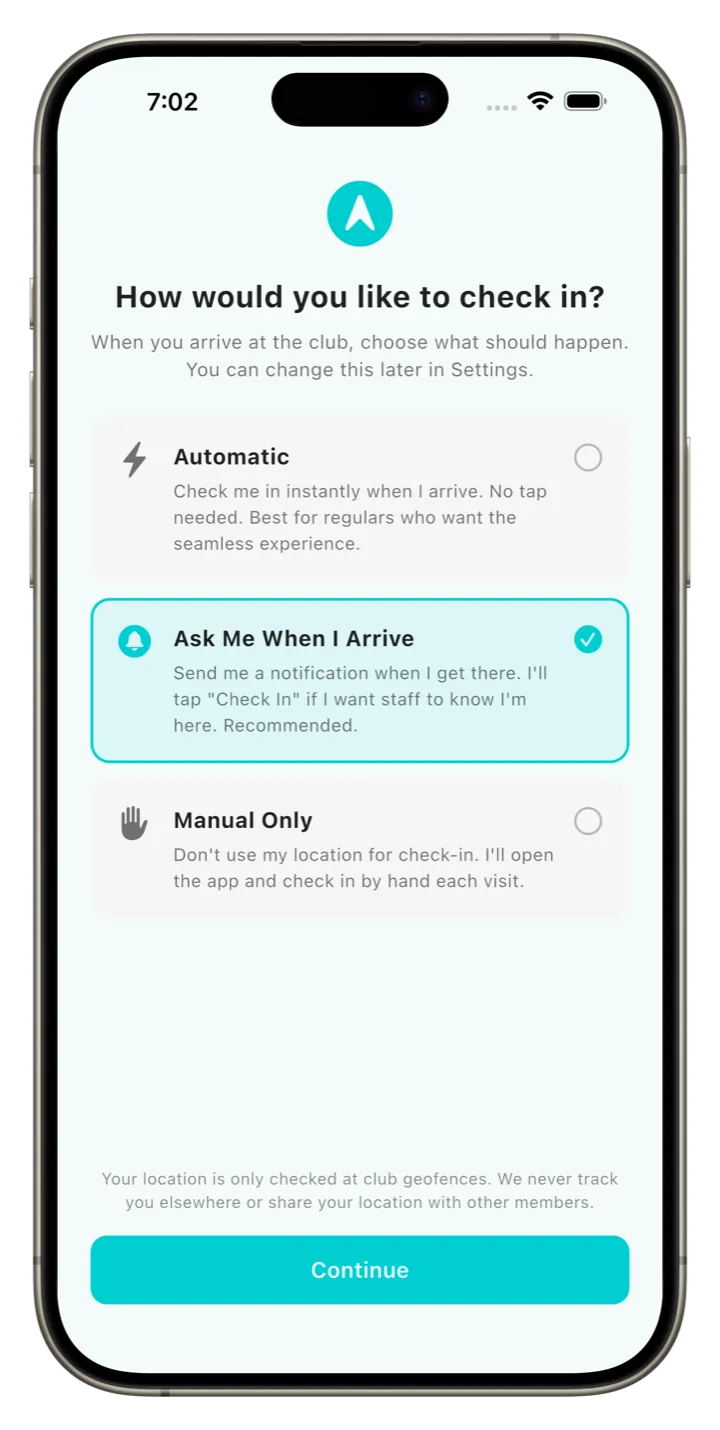 Clubloop member location check-in preference screen