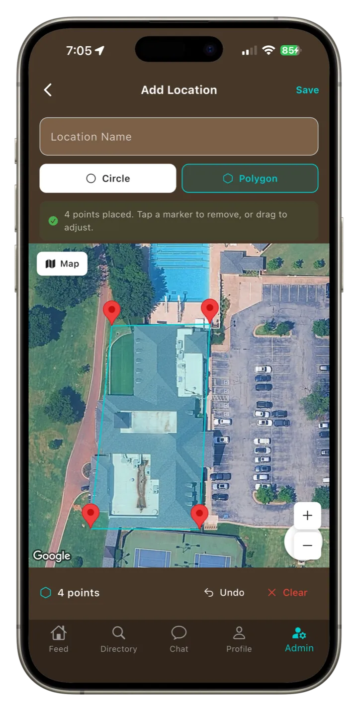 Clubloop polygon location geofence setup screen