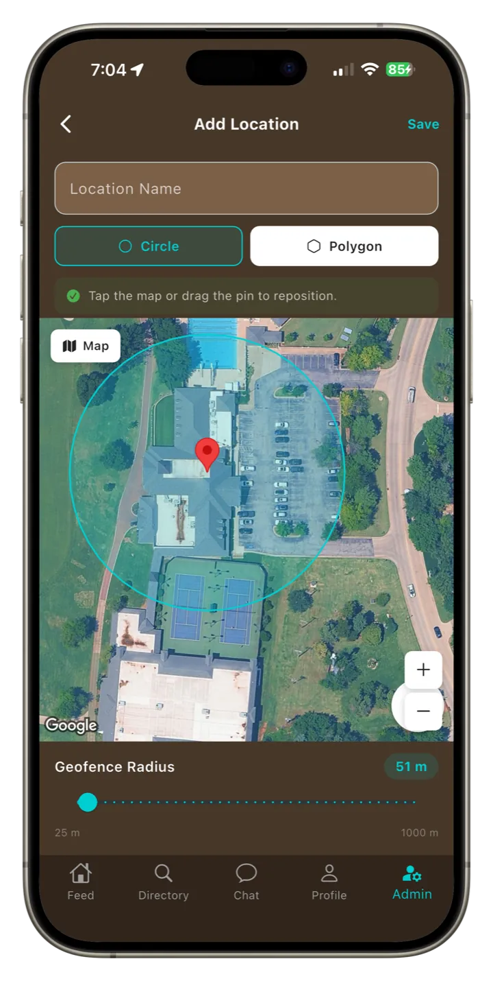 Clubloop circular location geofence setup screen