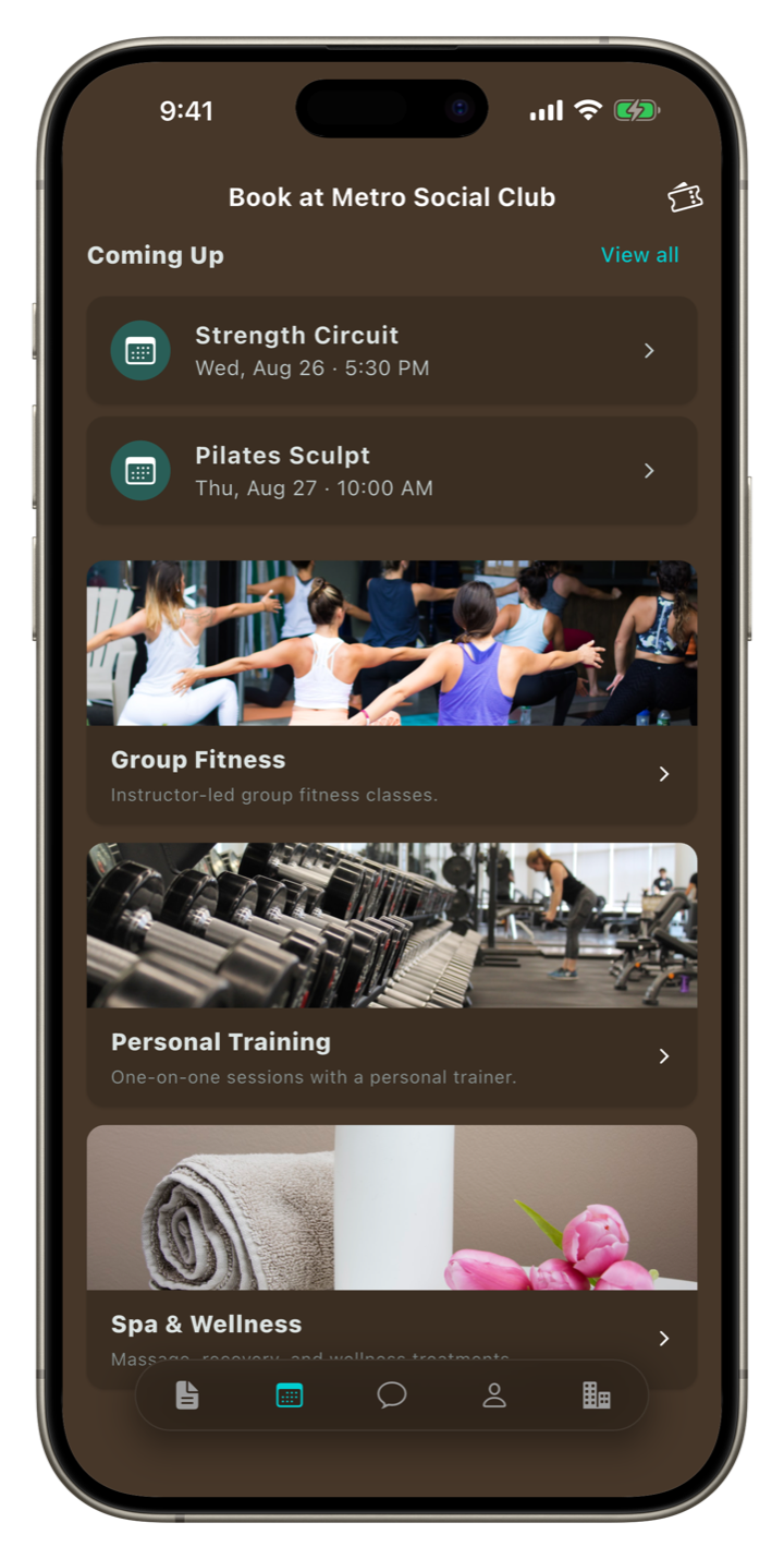 Clubloop Book tab showing upcoming reservations and activity categories