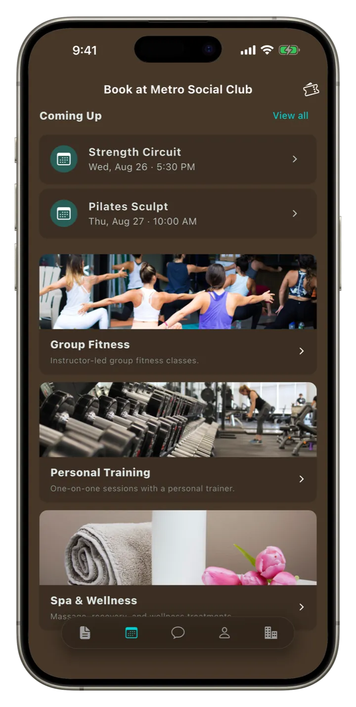 Clubloop Book tab showing upcoming reservations and activity categories