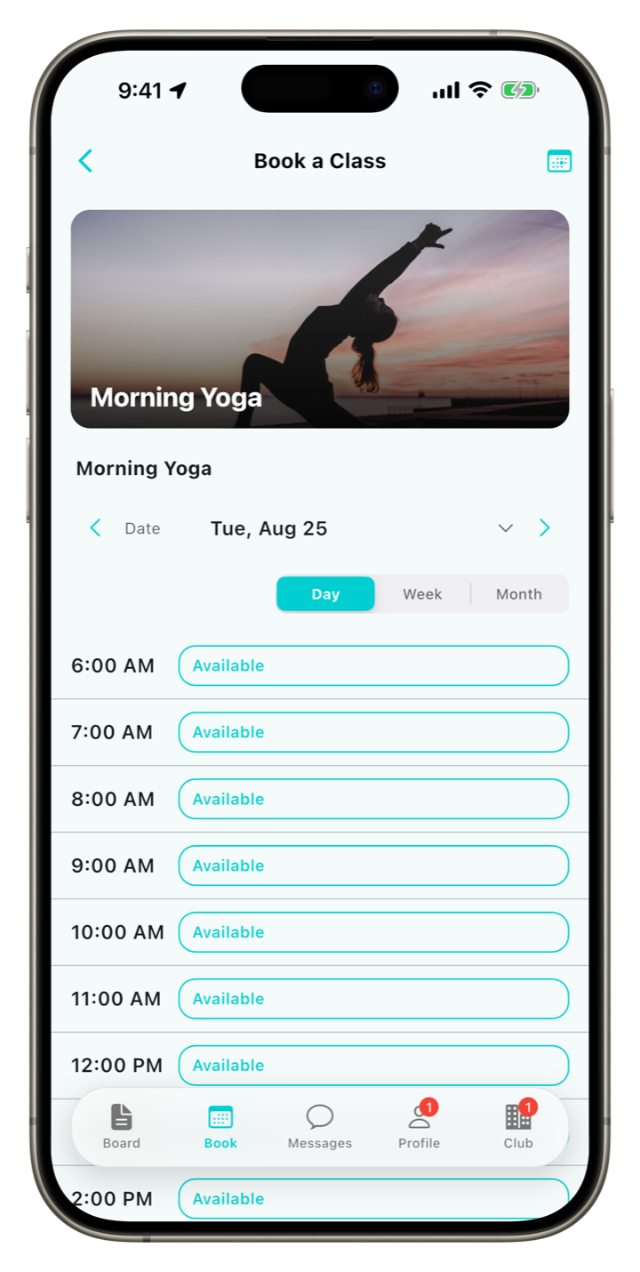 Clubloop class date and time availability screen