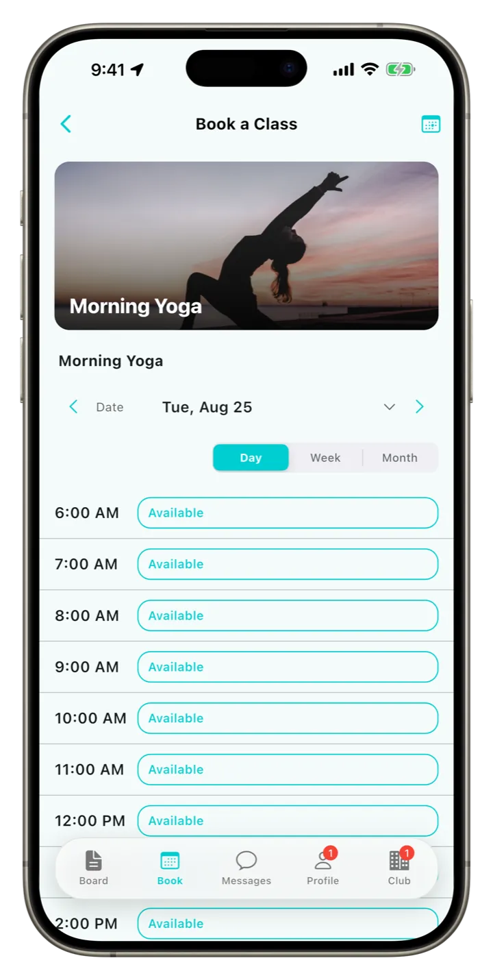 Clubloop class date and time availability screen