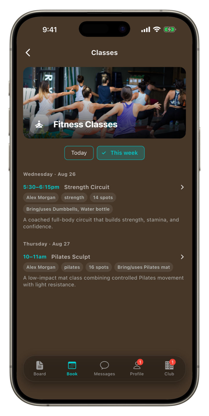Clubloop weekly group fitness class schedule