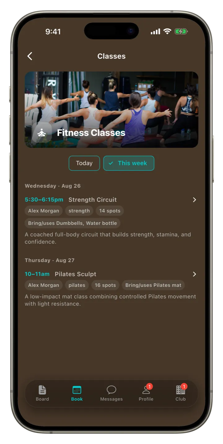Clubloop weekly group fitness class schedule