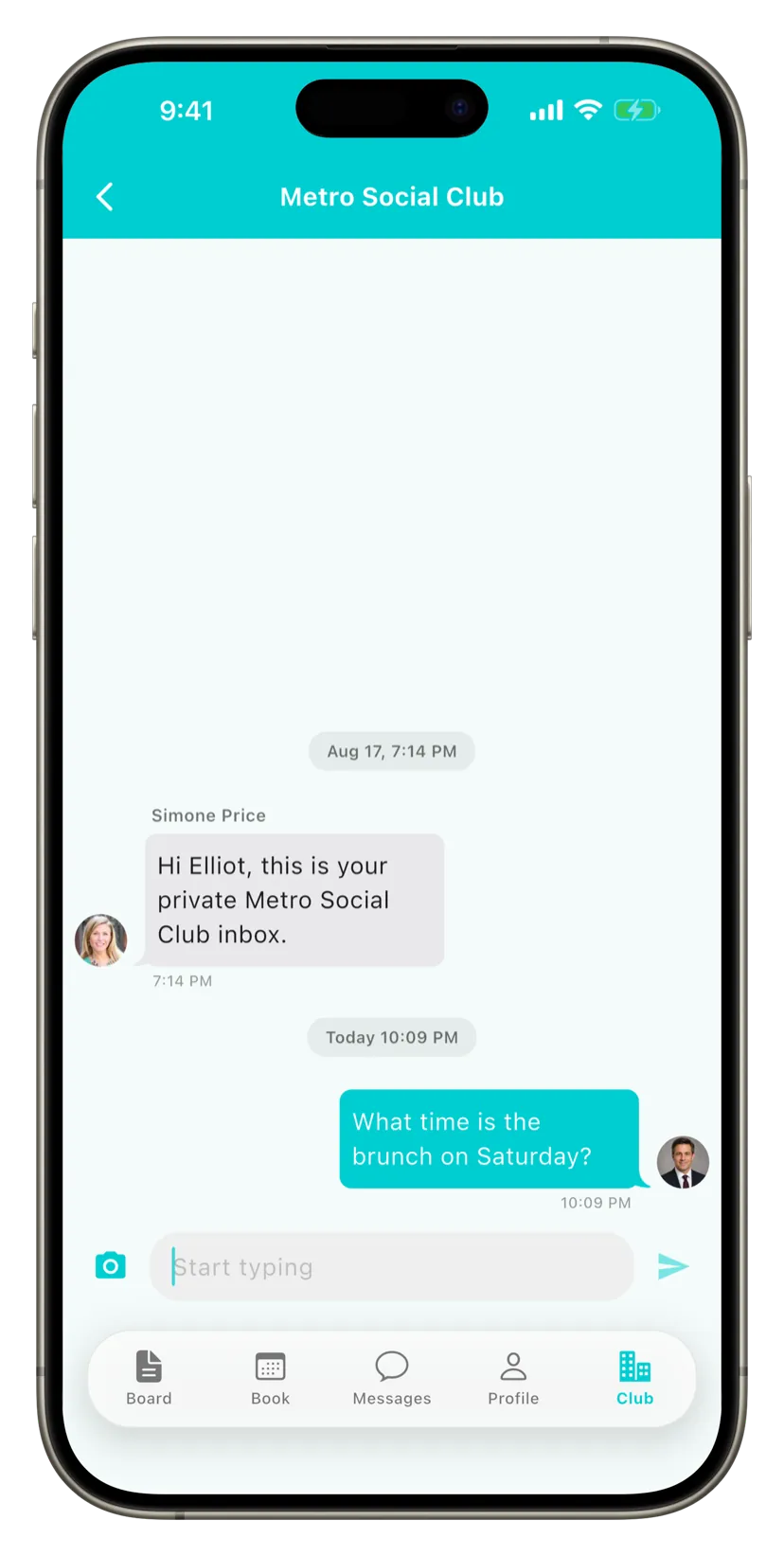 Clubloop mobile Club Inbox showing a private conversation between Elliot and Metro Social Club