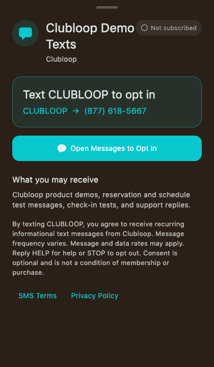 Clubloop Demo Texts opt-in screen showing the CLUBLOOP keyword and toll-free number