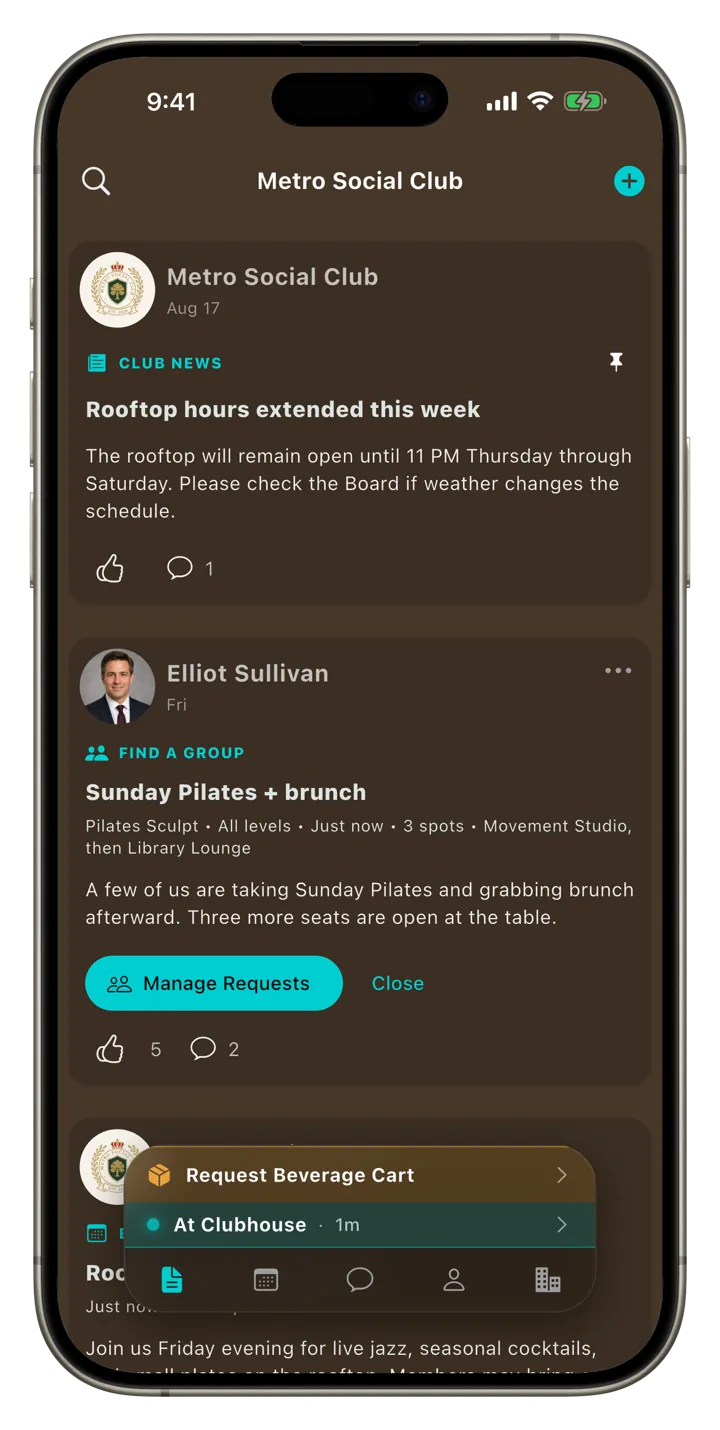 Clubloop club news and member activity posts in dark mode