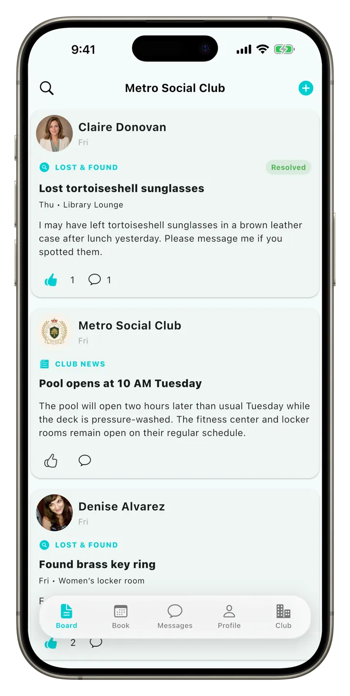 Clubloop lost and found and club news posts in light mode